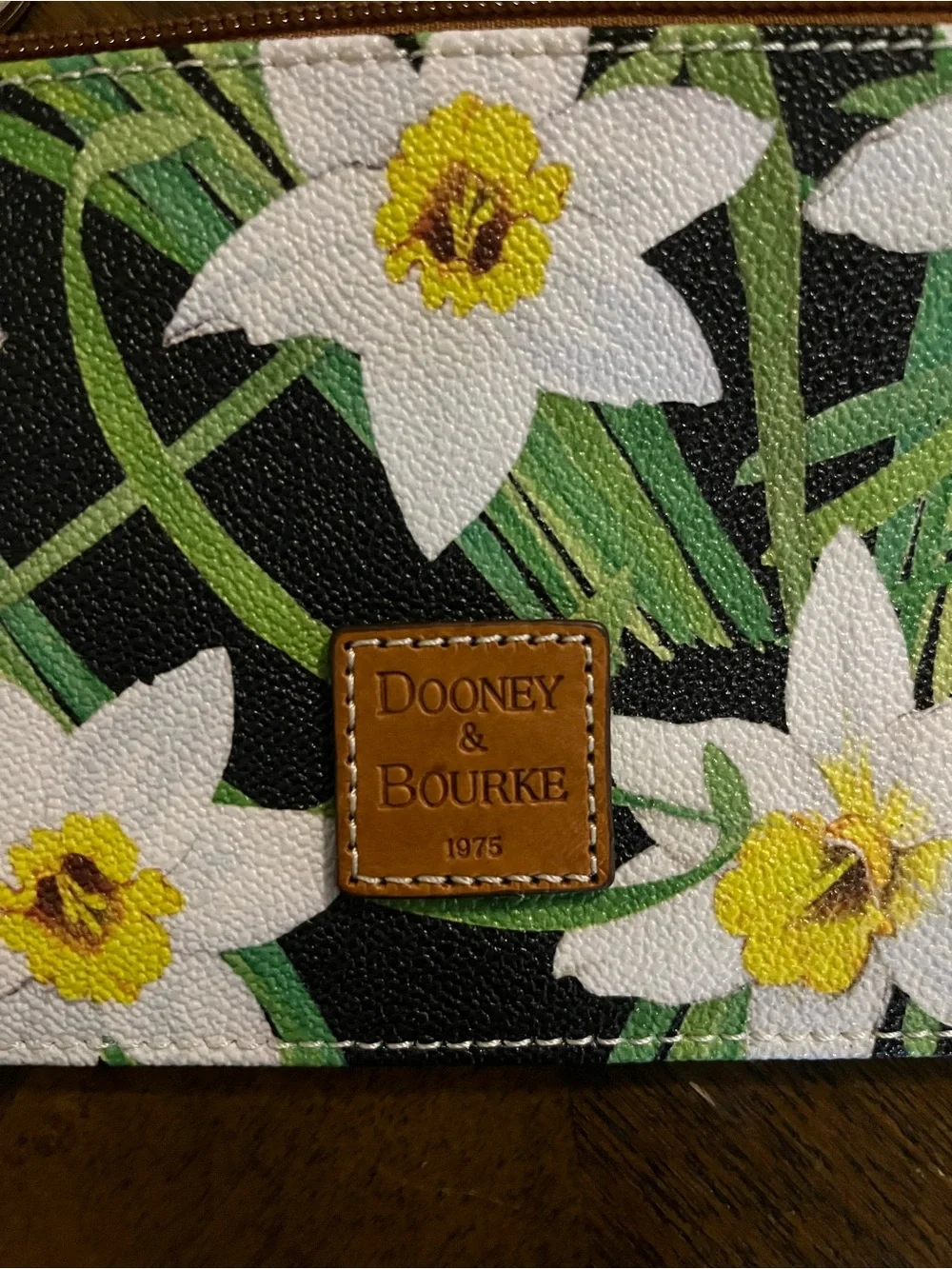 Dooney & Bourke Black Floral Wallet with White Daffodils.